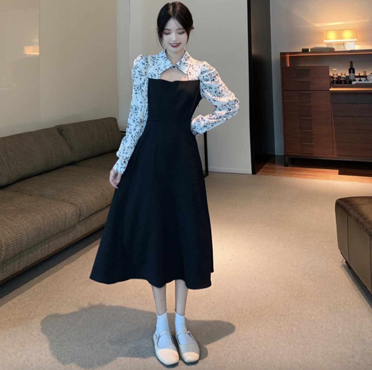 ワンピース デート ミモレ ミモレ丈 袖あり 長袖 かわいい 大人可愛い きれいめ シンプル カジュアル 大人 上品 おしゃれ お洒落 主役級 存在感 春 秋 10代 20代 30代 レディース