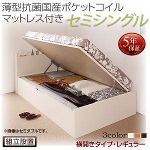 [組立設置料込み]国産 跳ね上げ収納ベッド [Freeda]フリーダ [薄型抗菌国産ポケットコイルマットレス付き] 横開き セミシングル 深さレギュラー [フレーム色]ホワイト