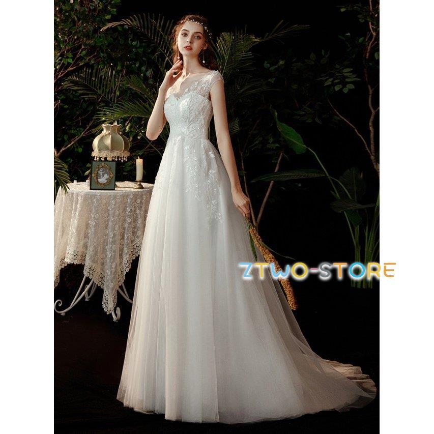 ウエディングドレス 白 結婚式 二次会 花嫁 ドレス ロングドレス トレーン 刺繍 チュール ハイウエスト エンパイアライン Aライン 大きいサイズ 3L 4L 9,256円