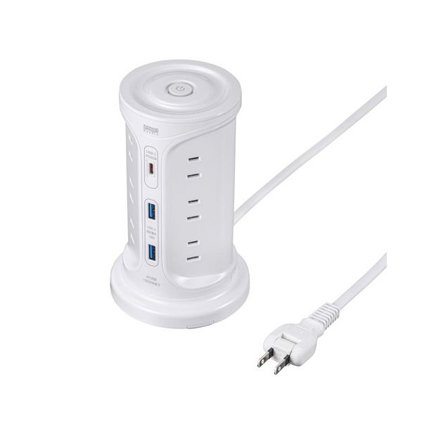 サンワサプライ USB充電機能付きタワー型タップ 2P/12個口+Type-Cx1／USB-Ax2ポート ホワイト 2m TAP-B112C1A2W1個