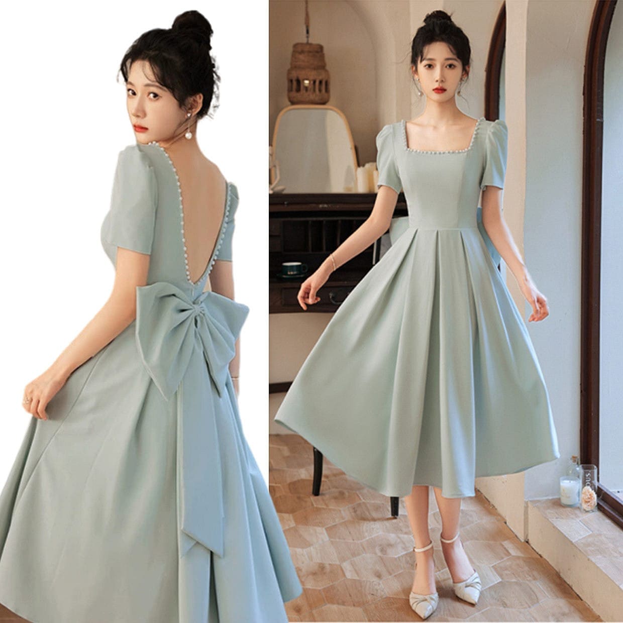 ウエディングドレス フレンチサテンのドレス 海外旅行リゾートドレス 花嫁ドレス シンプル Aライン ブライダルドレス 二次会 結婚式ドレス