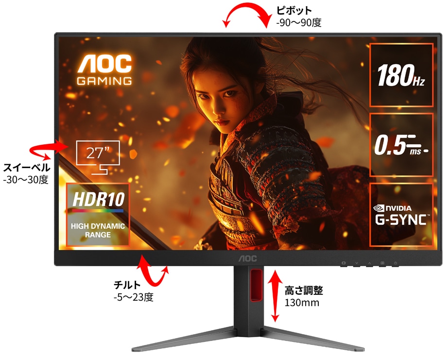 AOCエーオーシー ゲーミング液晶ディスプレイ(27型/Fast IPS/WQHD 2560×1440/180Hz/0.5ms/HDR10/HDMI2.0/DP1.4/VESA)(ブラック) Q2