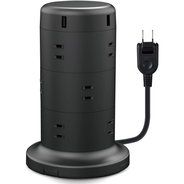 ECT-0720BK [電源タップ 12個口 2P 雷サージ トラッキング防止 ほこり防止 USBポート付き タワー型 2m ブラック] メーカー直送