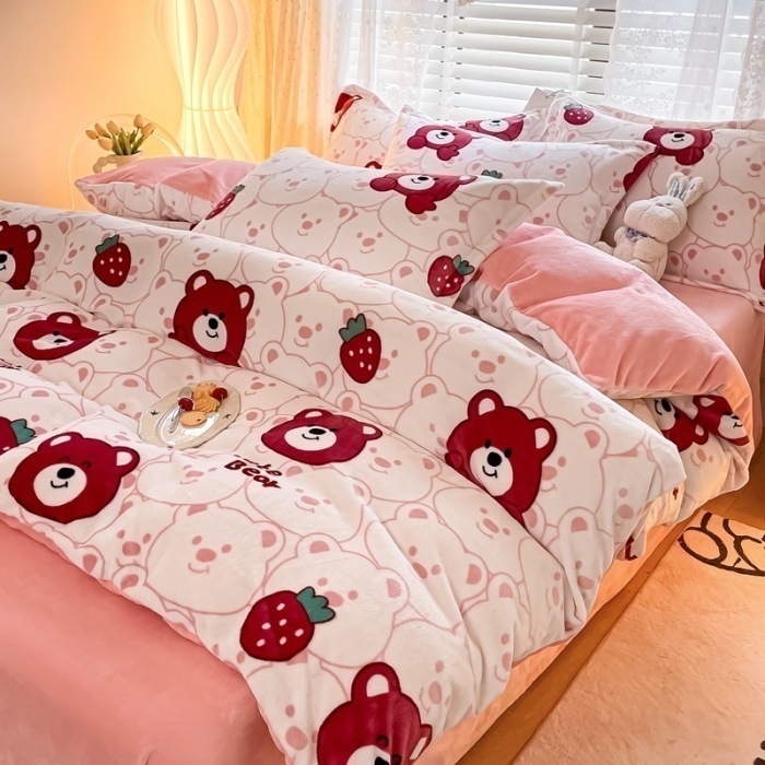 漫画ミルクベルベット4点セット厚くて暖かい新鮮なベルベット帯電防止ベッドシーツと掛け布団カバー