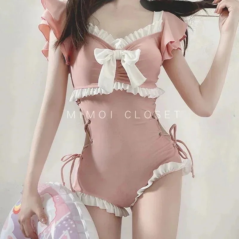 水着 新型ピンクリボン純欲風かわいい日系少女連体水着 体型カバーレディース 韓国ファッション