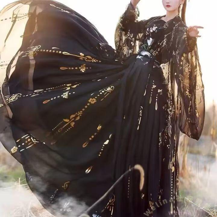 漢服コスプレ 黒鶴刺繍中華民族ドレス Welina（株） ハロウィンレディースチャイナ服 素敵ブラック仮装 優雅古代風ステージ衣装
