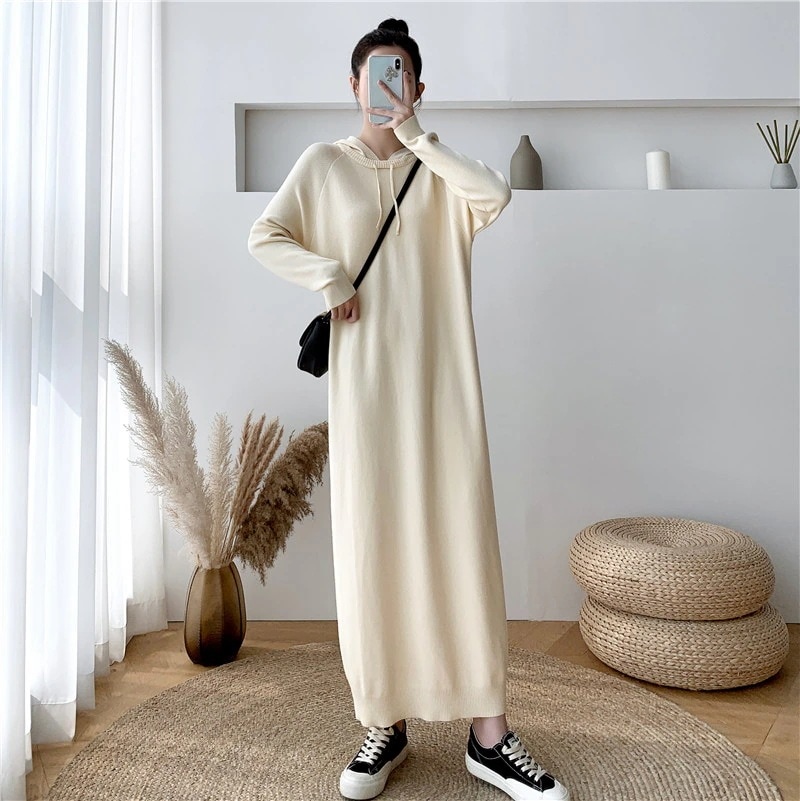 フード付きカジュアルセーターワンピースレディース秋冬新作超ロングセクションベリー薄型ルーズニットセータードレス