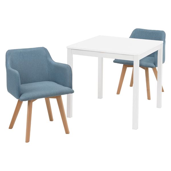 ダイニング3点セット[テーブル（75x75cm ホワイト）x１ 肘付きチェア（ブルー）x２]組立品