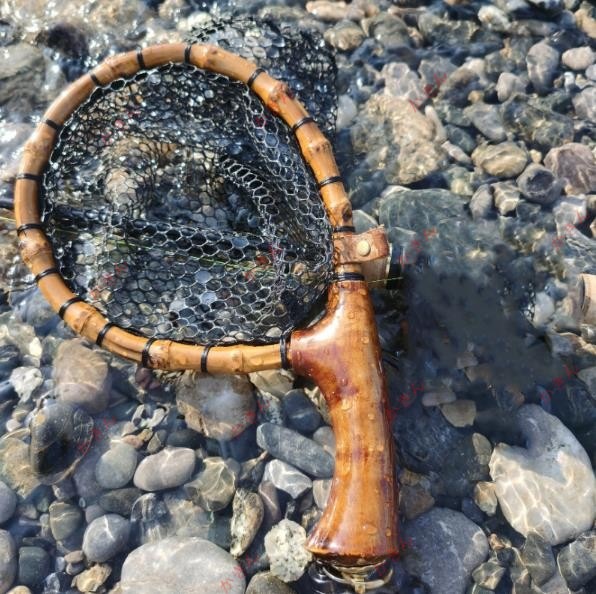 軽量 天然竹 天然木製 ランディングネット タモ網 玉網 クランク ハンドル ウッドラバーネット フライフィッシング