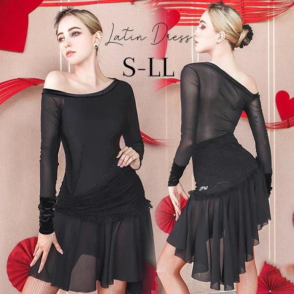 価格！ラテン 衣装 ラテンドレス 社交ダンス衣装 ダンスウエア 黒 豪華なドレス チャチャ サンバ スリム ブラック ミモレ丈 豪華 ステージ衣装 レディース ドレス ラテンダンス 舞踏会 演出用