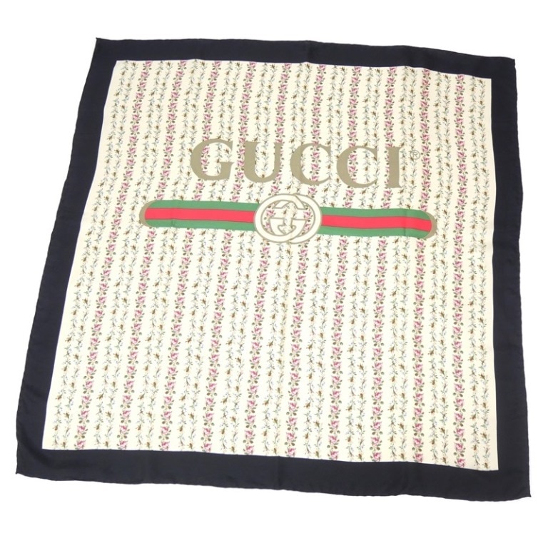 グッチ GUCCI スカーフ 花柄 ロゴ 黒 シルク100% 【中古】(66363)