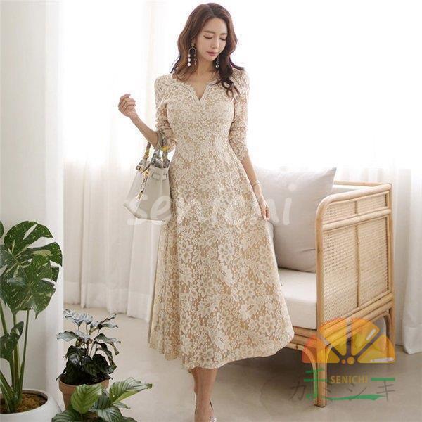 営业促进 パーティードレス 結婚式 40代 20代 ロング 袖あり 長袖 韓国風 大きいサイズ フォーマルドレス レースワンピース Vネック お呼ばれ 二次会 披露宴 謝恩会 上