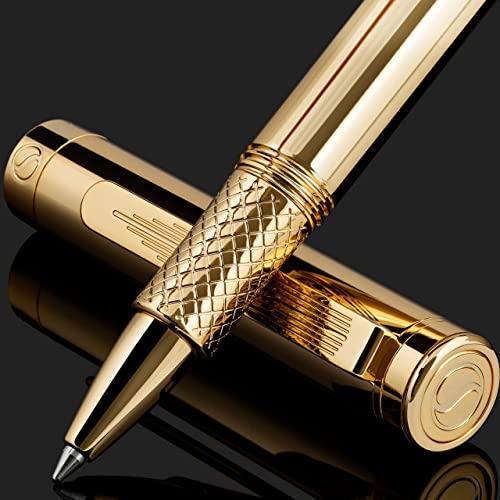 Scriveiner Luxury Rollerball Pen (Gold) - Heavy Pen - Stunning 24K Gold Plated EDC Pen With 24K Gold