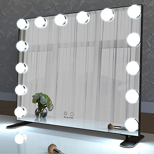 BEAUTME 女優ミラー 卓上ミラー化粧鏡 デスクミラー ハリウッドの鏡 2色ライトモード 明るさ調整 LED電球14個付き ハリウッドミラー 台座付き 卓上/壁掛け両用 (60x50.7cm ブラ