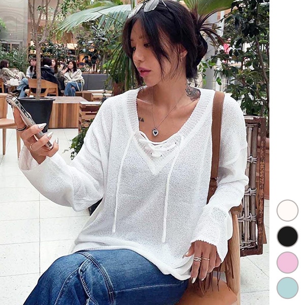 ニット レディース 長袖 トップス カットソー ロンT ニットソー プルオーバー Vネック ざっくり ゆったり カジュアル おしゃれ 春 夏 韓国 sm27207
