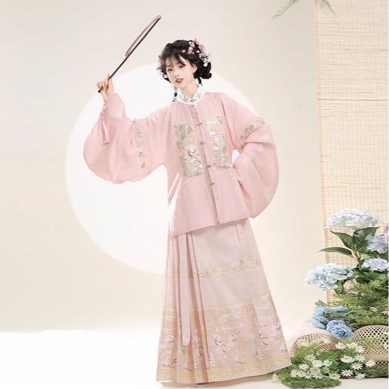 オリジナル漢服女【桂花兎】明製スタンドカラー刺繍補服琵琶袖サテンスカート秋冬新作セット