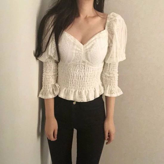 トップス レディース 大きいサイズ パフスリーブレースブラウス 新作ブラウス 春ブラウス トレンド 韓国デザイン 韓国ファッション オルチャン レース レーストップス 春服 春新作 新作