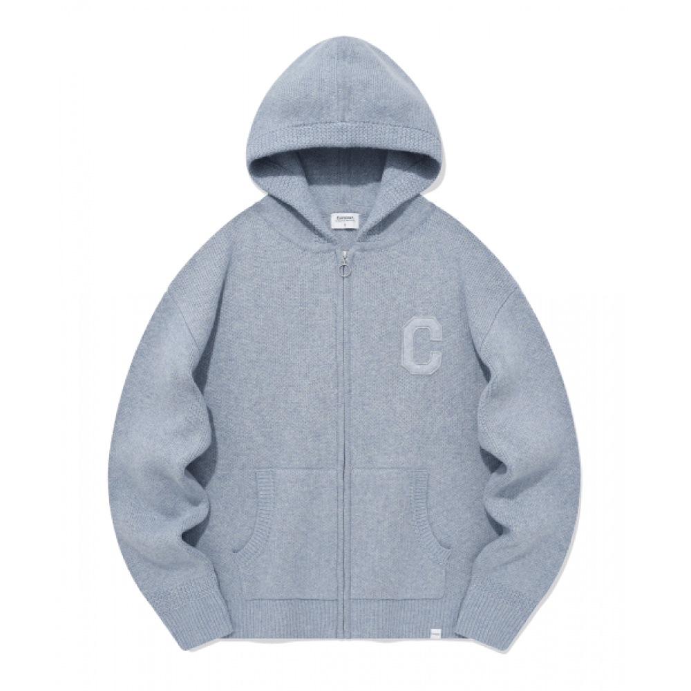 COVERNAT C ロゴラムウールフーディージップアップニットブルー