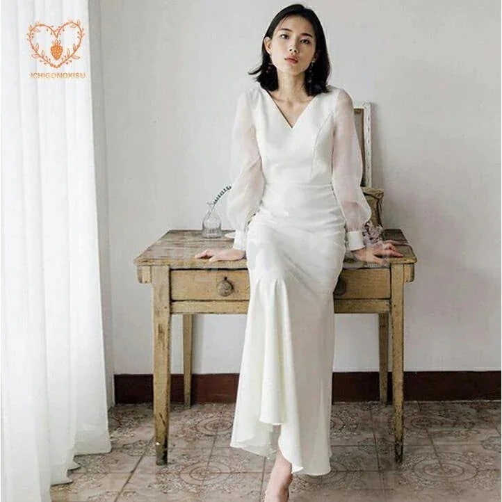 ウェディングドレス wedding dress ライトドレス 花嫁ドレス 長袖 スレンダーライン 二次会ドレス ワンピース ロング 白 花嫁 前撮り 披露宴 結婚式 海外挙式