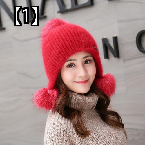 帽子 レディース 秋冬 ニット 大人 韓国 ウール 厚手 耳 まで 隠れる 防寒 防風 サイクリング スキー ファー ポンポン かわいい 黒 白 グレー