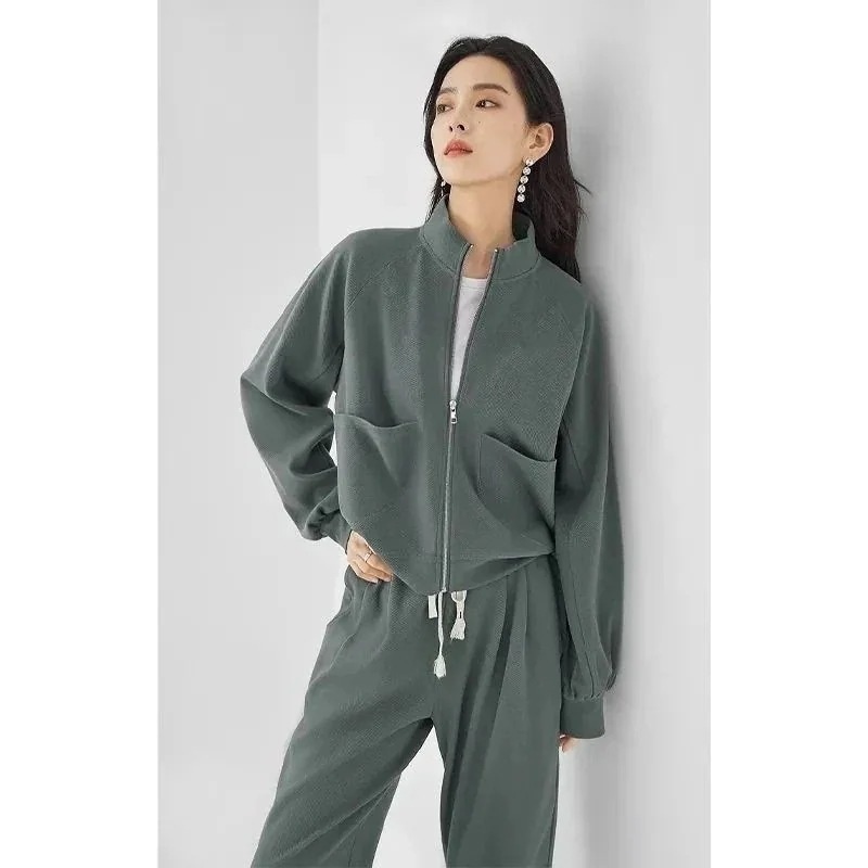 涼しく楽ちんセットアップ 24 無地 立ち襟 カーディガン ファスナー スウエット 二点セット カジュアル