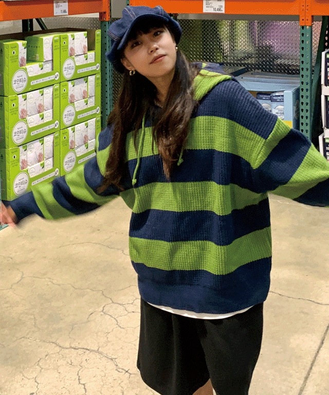 オーバーフィットモチウォーマーストライプパーカーニット