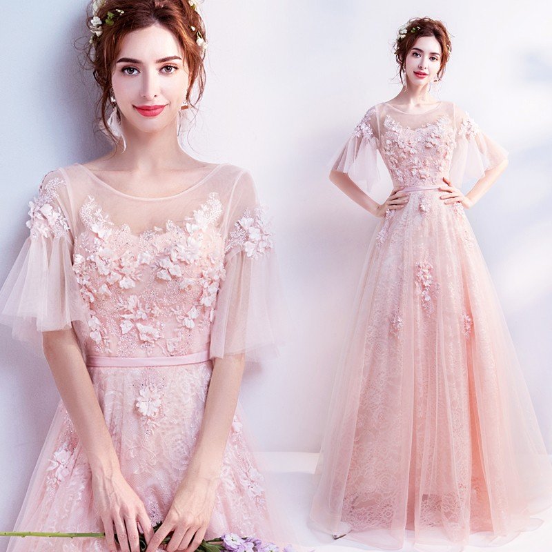 ロングドレス 安い 演奏会 カラードレス ピンク 花嫁 結婚式 イブニングドレス 半袖 二次会 パーティードレス フォーマルドレス 披露宴 大きいサイズ