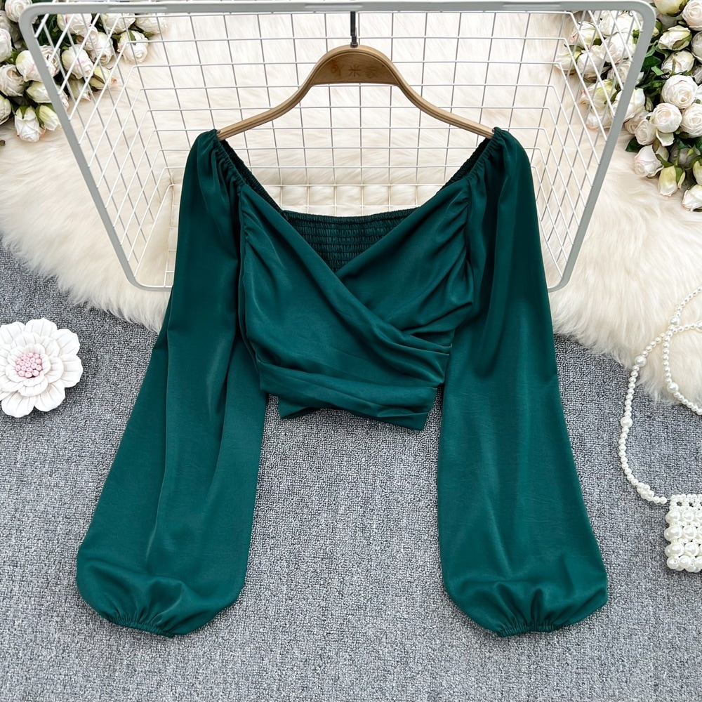 【1つ買うと10つ無料】春のファッションvネックのしわ ブリスターバブルパフ長袖オーバーシャツ女性のファッショナブルでシックな短いへそが露出した