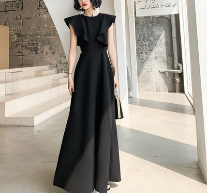 イブニングドレス ロング フリル パーティードレス クルーネック マキシ Aライン ノースリーブ フレア ボートネック 無地 ロング ホームパーティーアイテム 謝恩会 結婚式二次会 大人可愛い