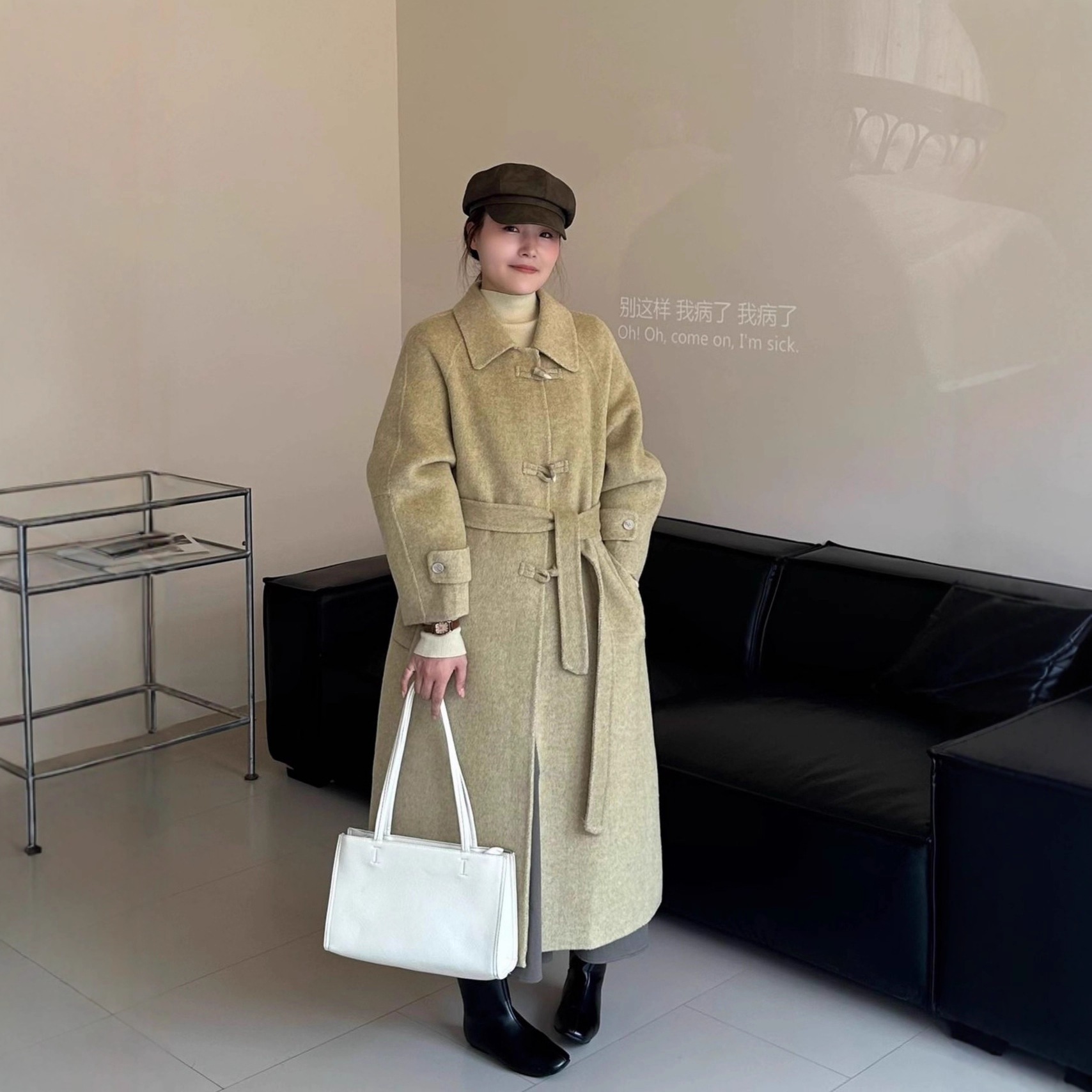 レイジースタイルドールカラー一列ホーンボタン両面ウールコートロングウール厚手コート