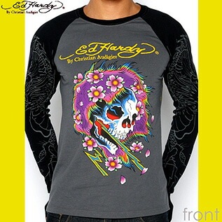 Ed Hardy Mens 　エドハーディー　メンズ　マルチプリント　ゴースト　ラグラン袖　ロンT　グレーブラック