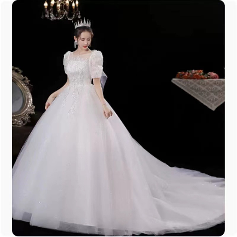 ウエディングドレス Aラインドレス トレーンライン ブライダル 結婚式 花嫁 挙式 二次会 レディース ロングドレス シャンペン 袖あり レース プリンセスライン 撮影 編み上げ式