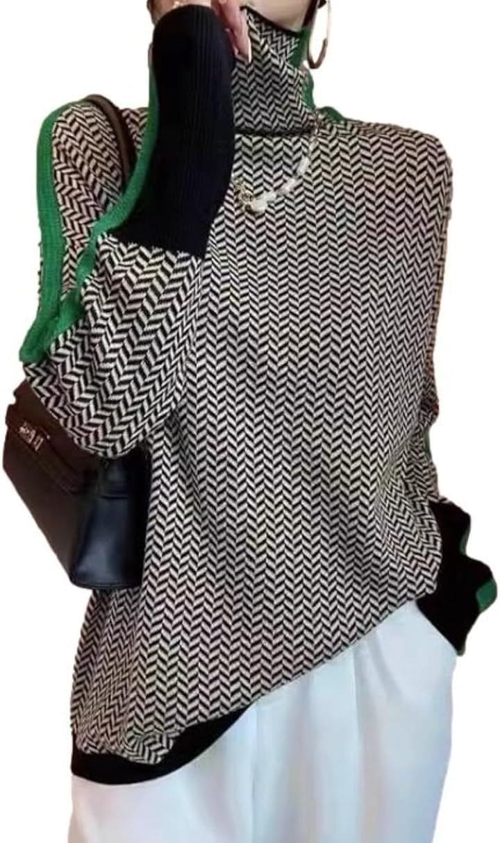 ヘリンボーンニットトップス タートルネック プルオーバー ゆるシルエット10分袖 (グリーン, XL)