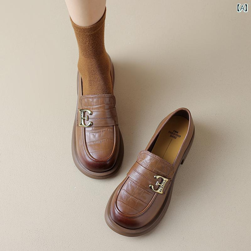 ローファー レディース 通学 通勤 学生 カレッジ 仕事 オフィス 春 ソフトレザー 牛革 ブラウン 女性 英国 ラウンドトゥ 深い 口 シングル シューズ 柔らかい 靴底 小柄 女性