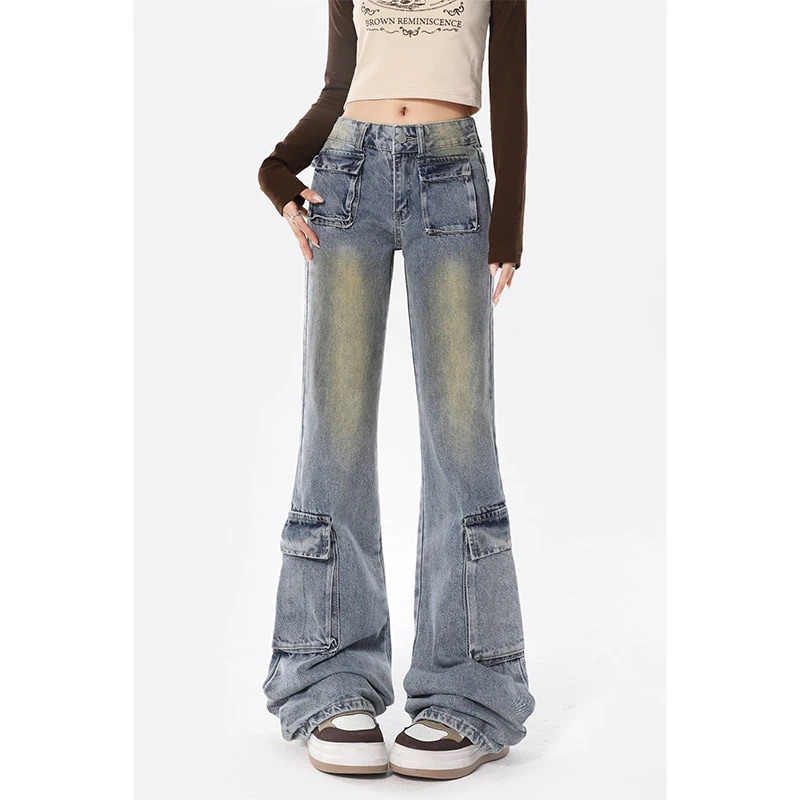 レトロなブルー工装ジーンズ女性秋冬アメリカギャルは古いサイズの広脚ゆるいストレートカジュアルなズボンを作った