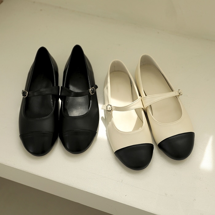 [韓国ファッション] ラウンドトゥバイカラーメリージェーンシューズ