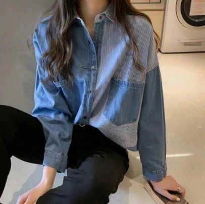 可愛いシアーシャツ長袖ブラウストップス韓国ファッションデニム春服レディースブトライプシャツカジュアルワイシャツ今日は30パーセント
