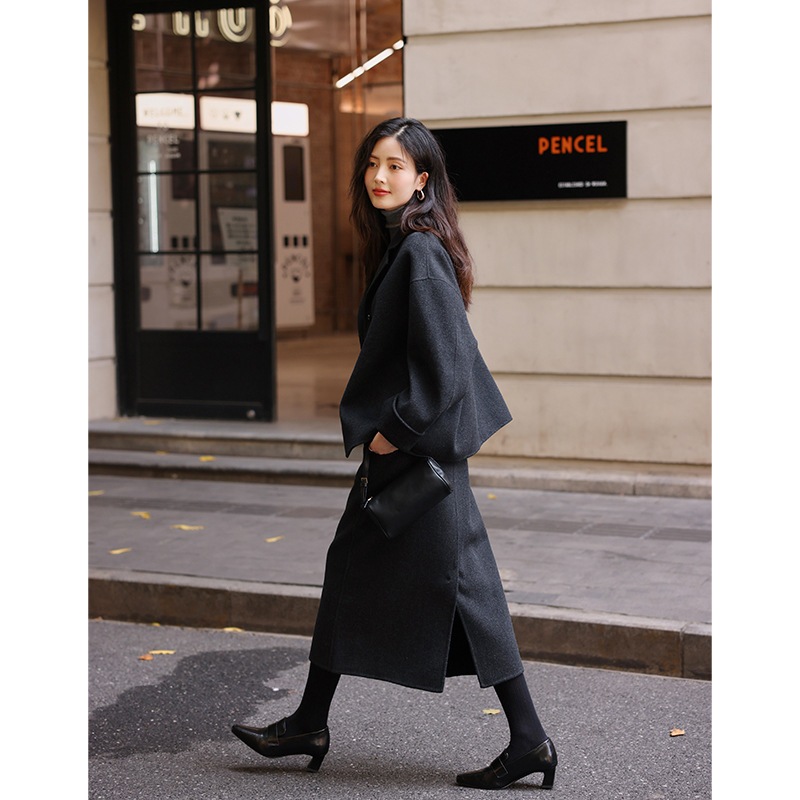 栄太【コート半スカート】純ウール両面ラシャコート女2023秋冬新作コート半スカートセット