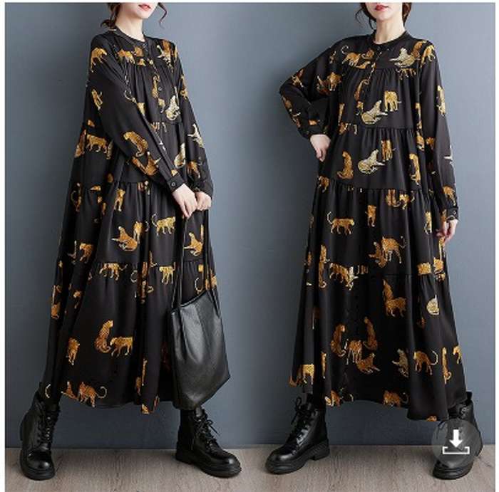 激安販売！春新作 大きいサイズ レディース ノーカラー ロング丈 フレアワンピース ヒョウ柄 ヒョウデザイン オーバーサイズ ワンピ カジュアル LL 3L 4L 5L 韓国ファッション かわいい 大