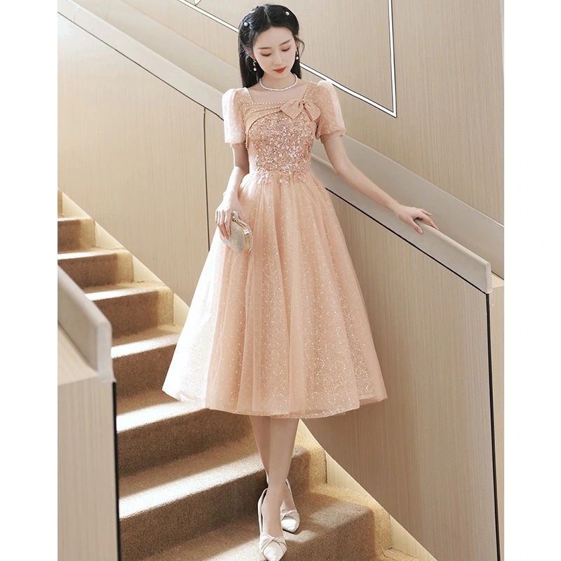 宴会気質イブニングドレス女性2025スクエアネックドレスメッシュ