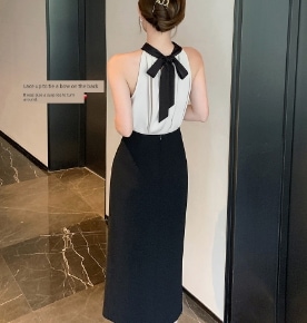 ノースリーブ バックリボン ワンピース シンプル 着痩せ ワンピース 膝下 袖なし Uネック セミフレア スリム 細身 ストレート スマート シフォン リボン ウエストマーク ファスナー かわいい