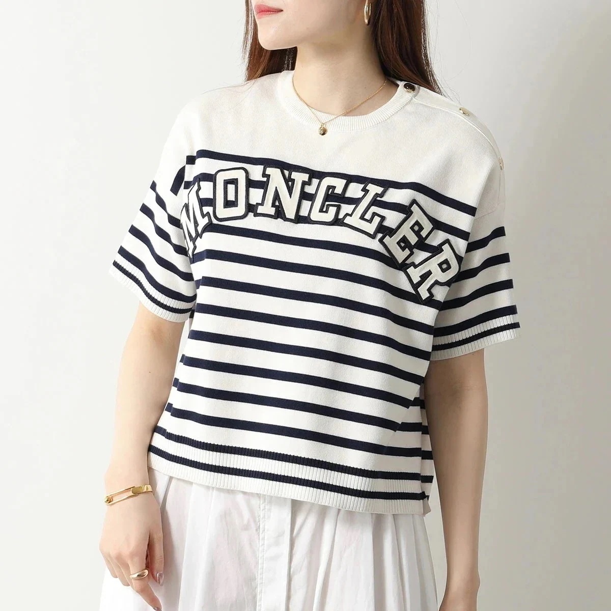 MONCLER モンクレール Tシャツ GIROCOLLO TRICOT 9C00006 M1367 レディース 半袖 カットソー ボーダー ロゴパッチ クルー