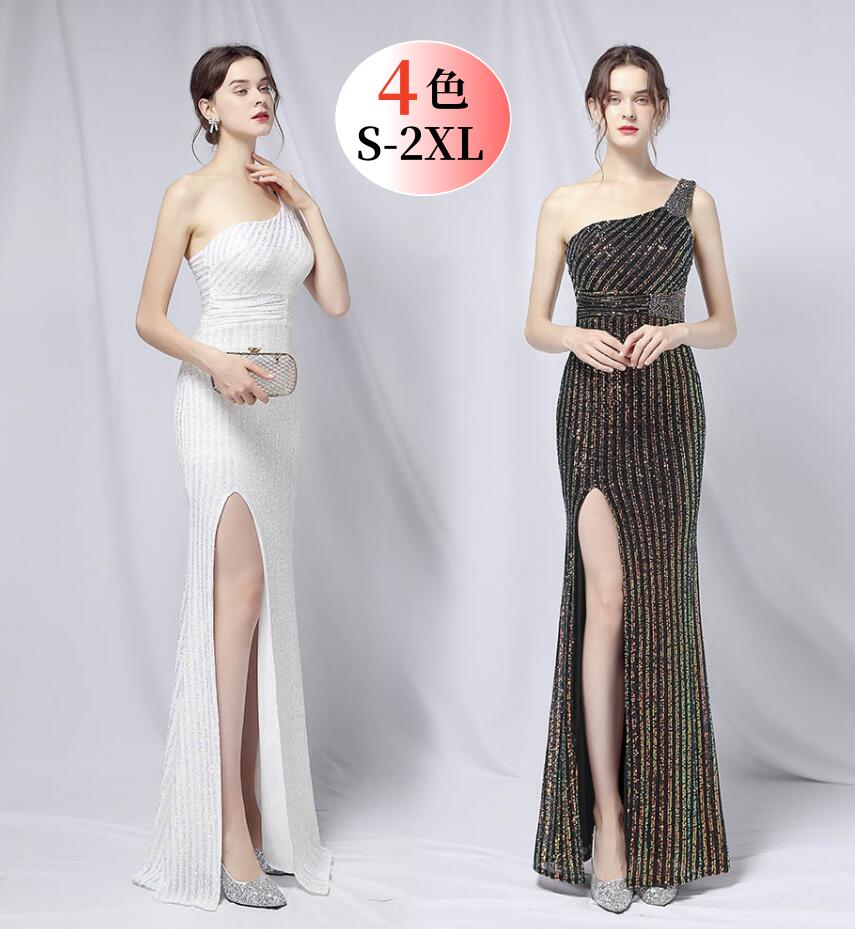 スパンコール衣装 キラキラ ワンショルダー ワンピース ドレス 披露宴 二次会 キャバドレス ロングドレス タイトワンピース スリット入り 無地 イブニングドレス お花嫁 パーティードレス ウェディン