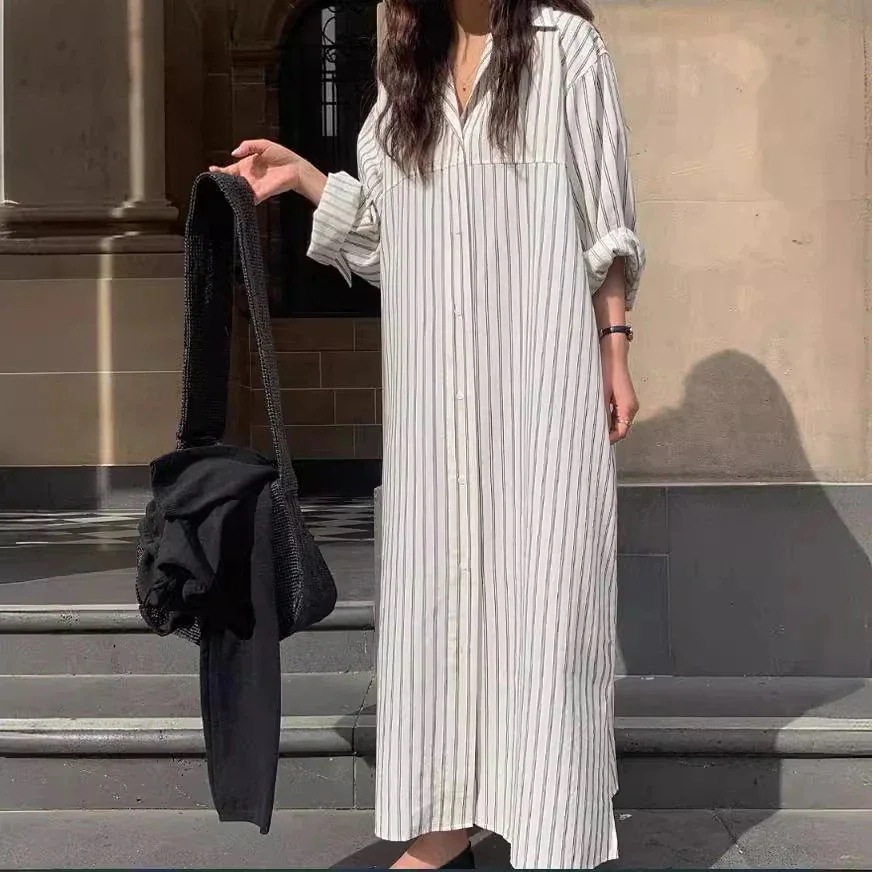 作/ストライプ/ワンピース/2025/春夏/レディース/カジュアル/のんびり風/長袖/シャツワンピース/女性カップ付きインナー