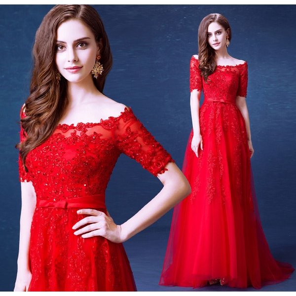 カラードレス 赤 二次会 安い 半袖 ウエディングドレス 結婚式 ロングドレス 披露宴 花嫁 フォー