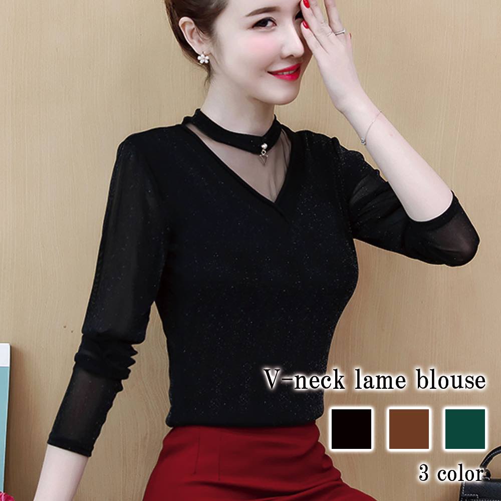 ブラウス レディース Vネックラメブラウス 黒 ノーアイロン ワンピース Tシャツ 春 レース 安い カットソー ブランド スーツ オフィス カジュアル 冬 秋 きれいめ 高品質 人気 フォーマル フ