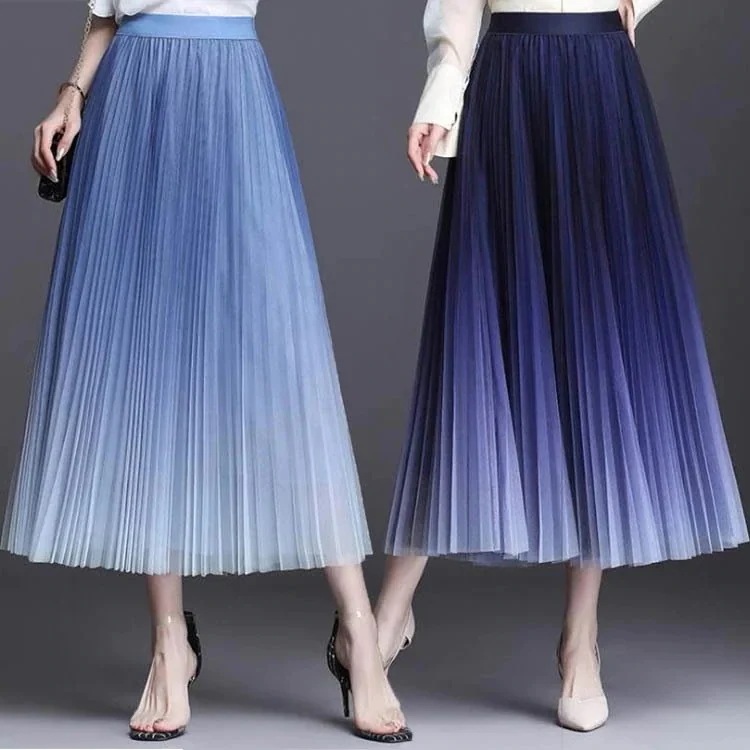 4色ロングスカート レディース プリーツ ルスカート ボトムス ミモレ丈 グラデー