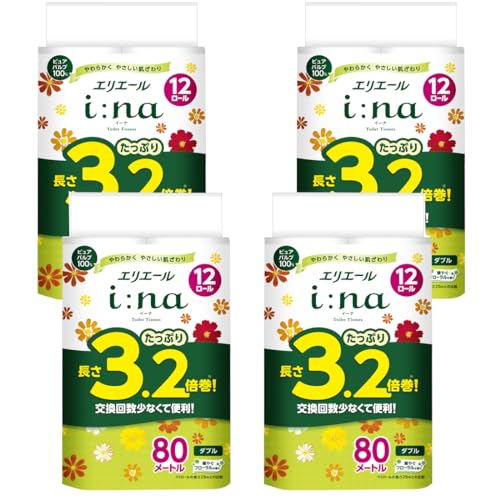 エリエール トイレットペーパー i:na(イーナ) 3.2倍巻 80ｍ48ロール(12ロール4パック) ダブル パルプ100% 華やかなフローラルの香り