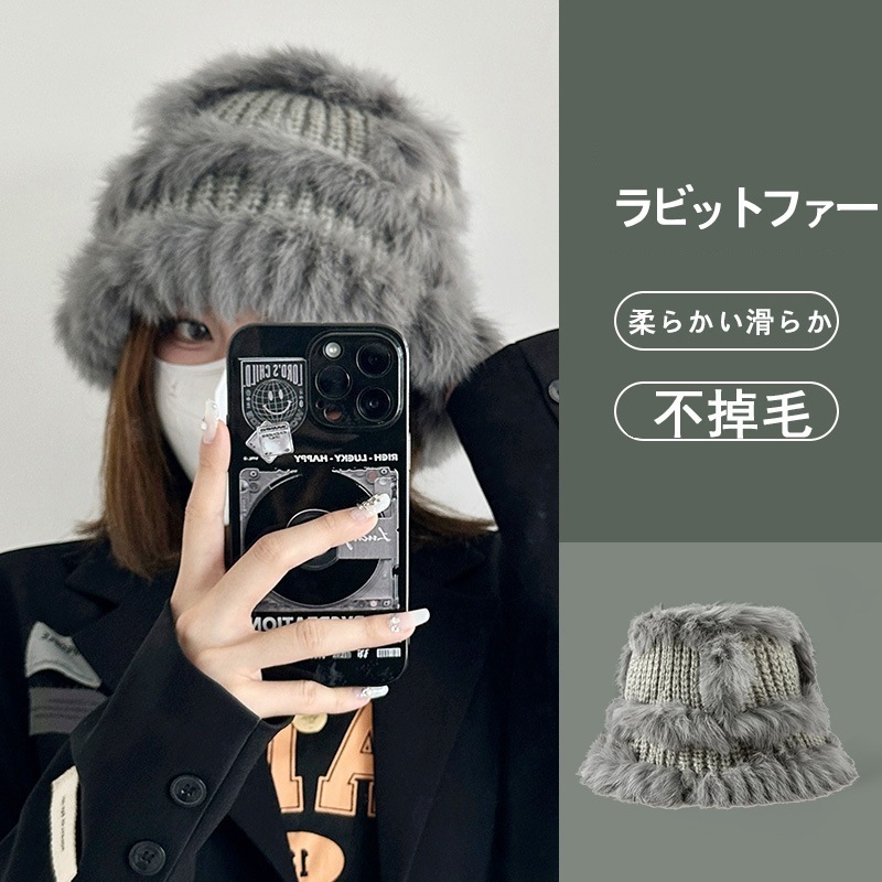 ニット帽 本物のラビットファー 帽子 ニットハット 防風 集熱 韓国 ファッション あったか ファー帽子 バケットハット レディース 厚手 小鉢帽子 トレンディ 防寒 男女兼用 L
