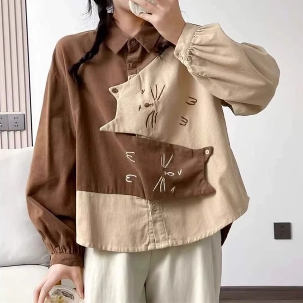 シャツ トップス ブラウス シャツブラウス 猫デザインシャツ 猫柄シャツ 襟付き 長袖 バイカラー 配色シャツ ネコ 猫 ねこ キャット レディース かわいい 大人可愛い おしゃれ ガーリー